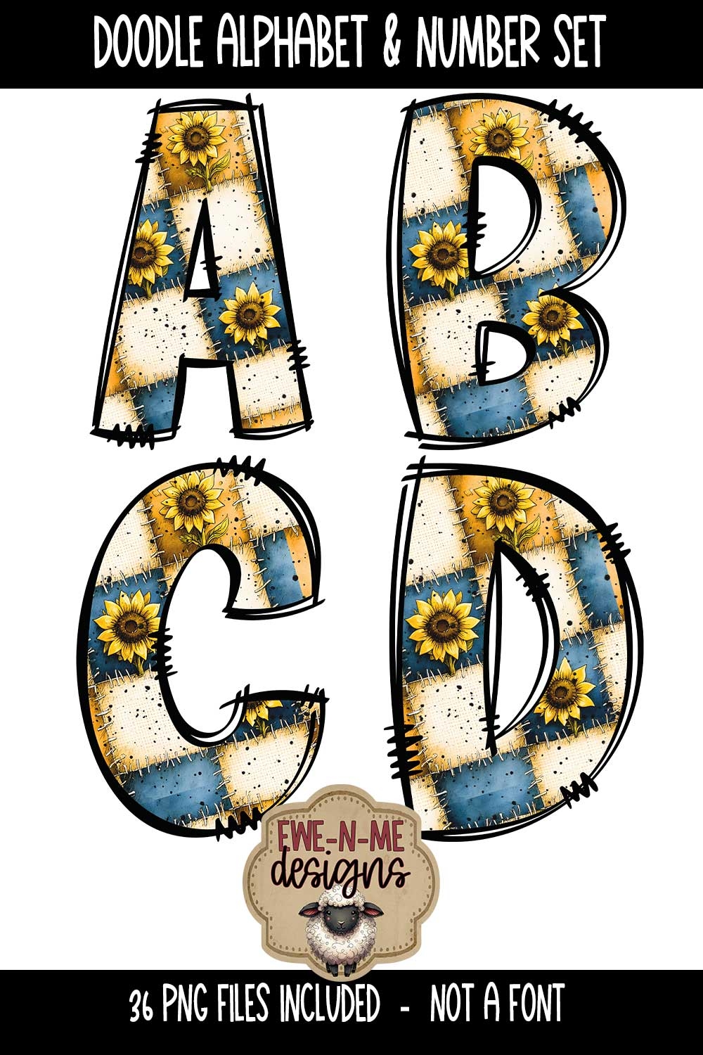 Sunflower Patchwork Doodle Alphabet & Numbers PNG Files