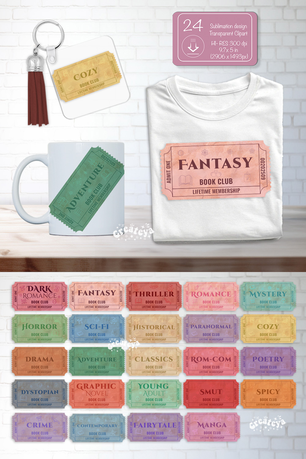 Book Club Ticket Sublimation Bundle Genre Tickets Clipart