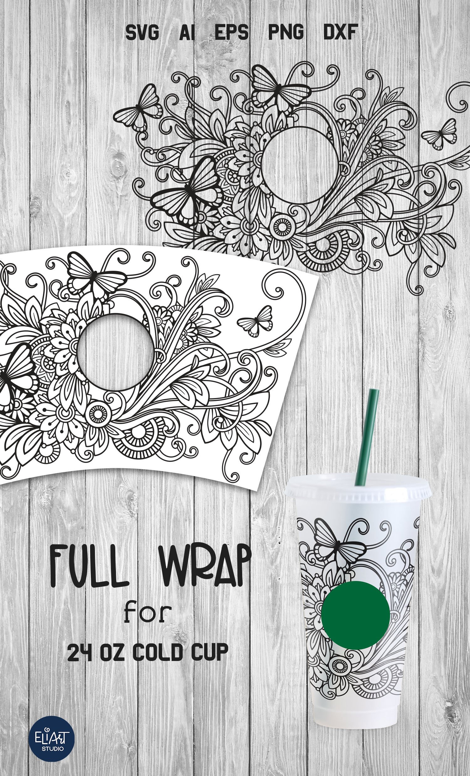 Floral Cup Wrap SVG | Summer SVG | Butterflies Full Wrap SVG