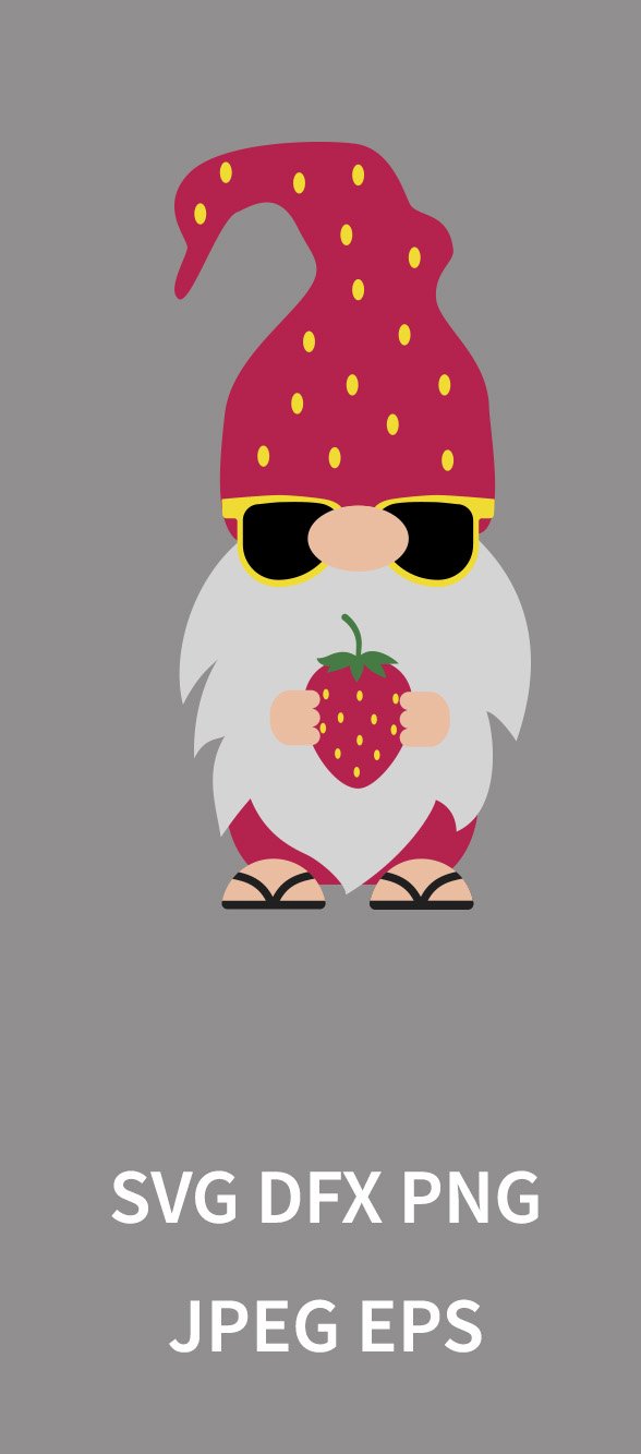 Summer gnome holding strawberry SVG. Gnome on vacation.