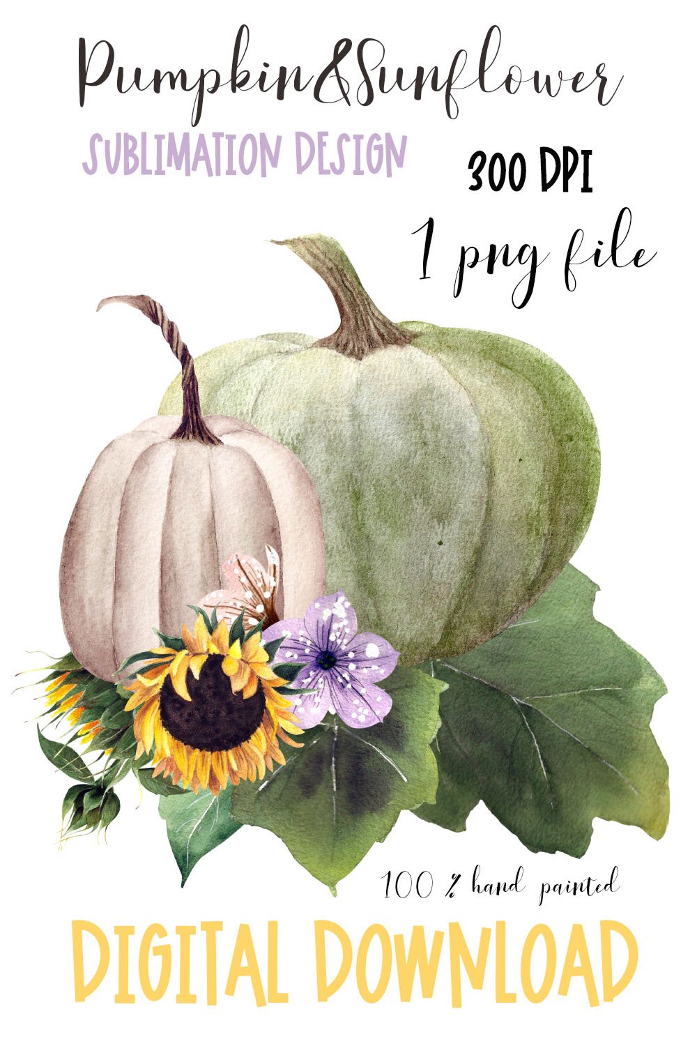 Watercolor pumpkin and sunflower clipart