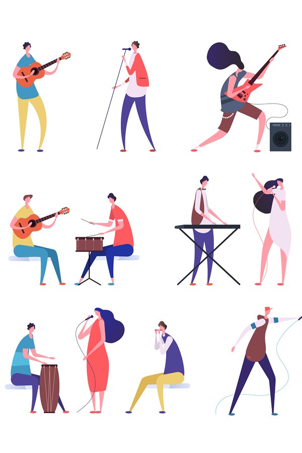 Musicians set. People performing rock music. Artist with mus