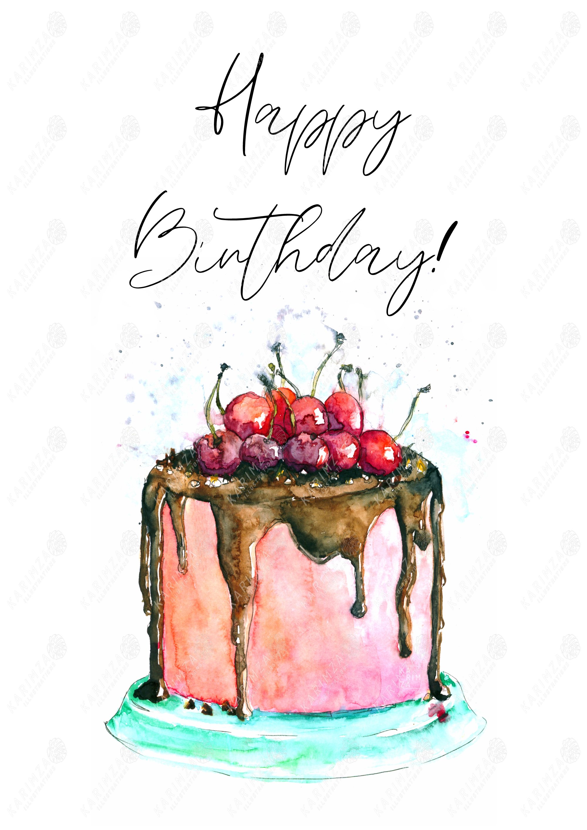 Hand-drawn Watercolor Printable Birthday Card, Cherry Cake