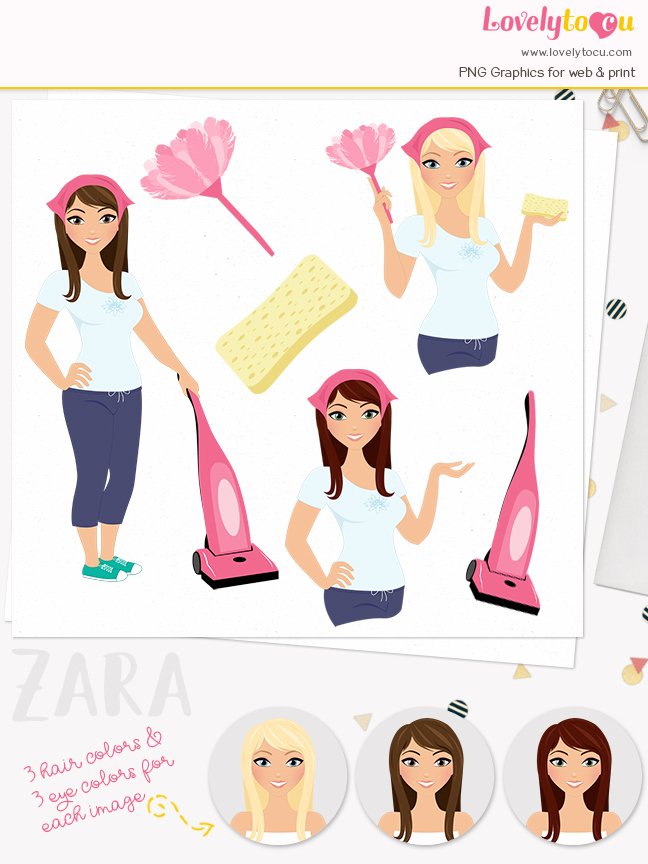 Woman cleaner character clip art L187 Zara (44119) Illustrations Design Bundles