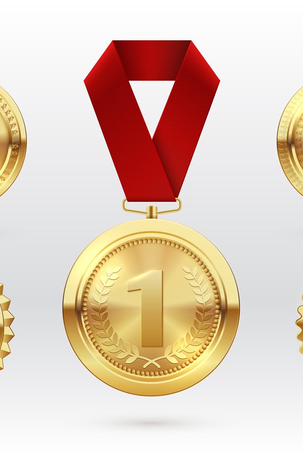 Gold medal. Number 1 golden medals with red award ribbons. F