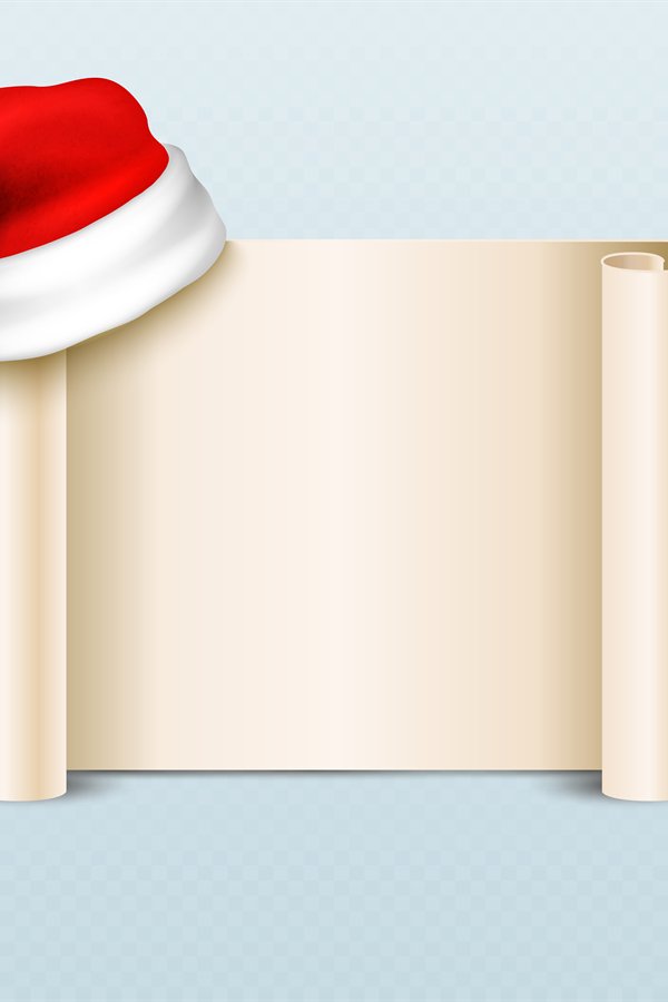 Blank paper parchment scroll with santa claus red hat. Xmas