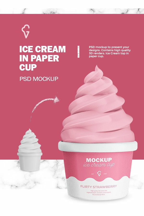 Small Paper Cup With Ice Cream - 3D PSD Mockup
