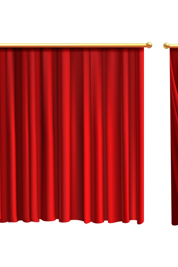Red curtains. Realistic luxury curtain on golden decor, dome