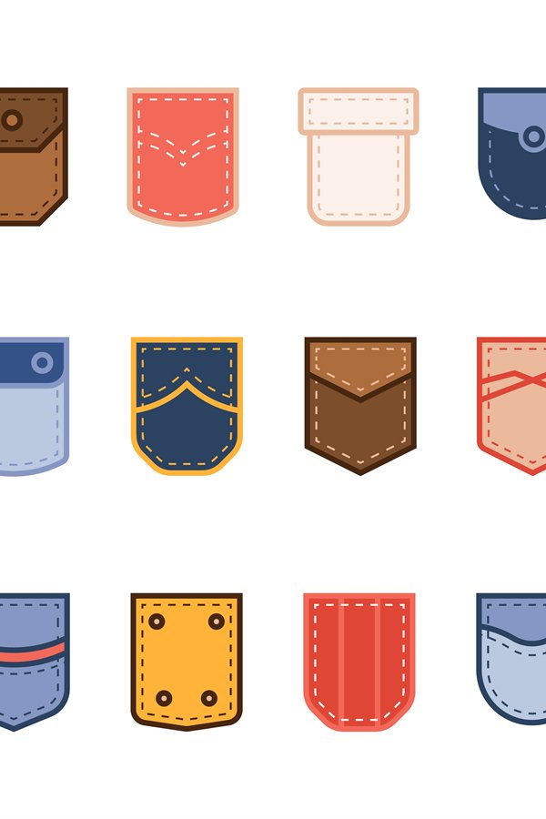 Color patch pocket. Cloth bright different shapes pockets, c