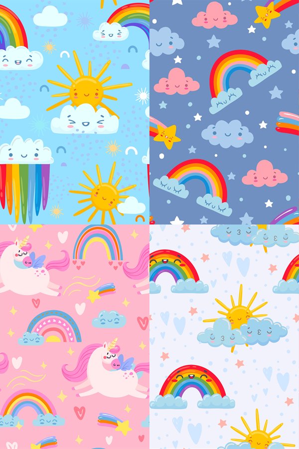 Seamless cute rainbow pattern. Sky with rainbows and clouds,