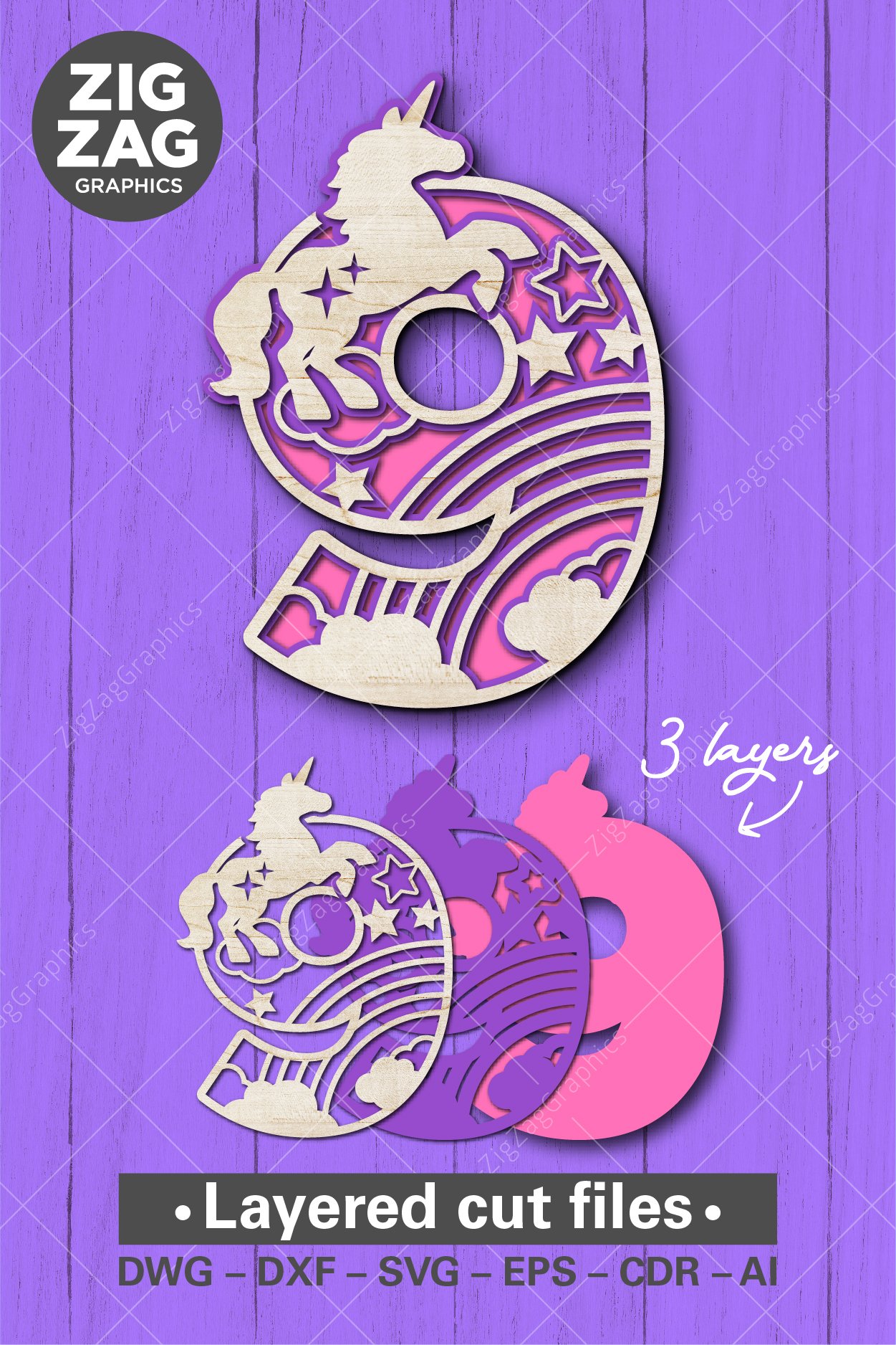 3D Layered Layered Number 9 svg cut file