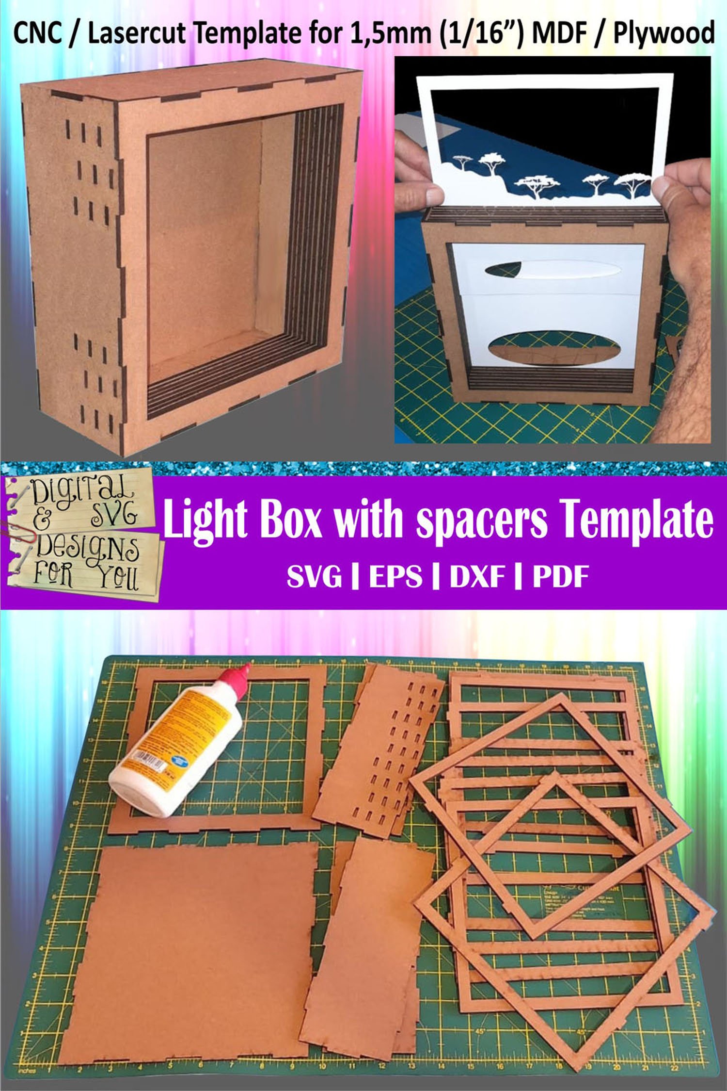 3D Shadow box with spacers, 1,5mm 1/16" laser cut template