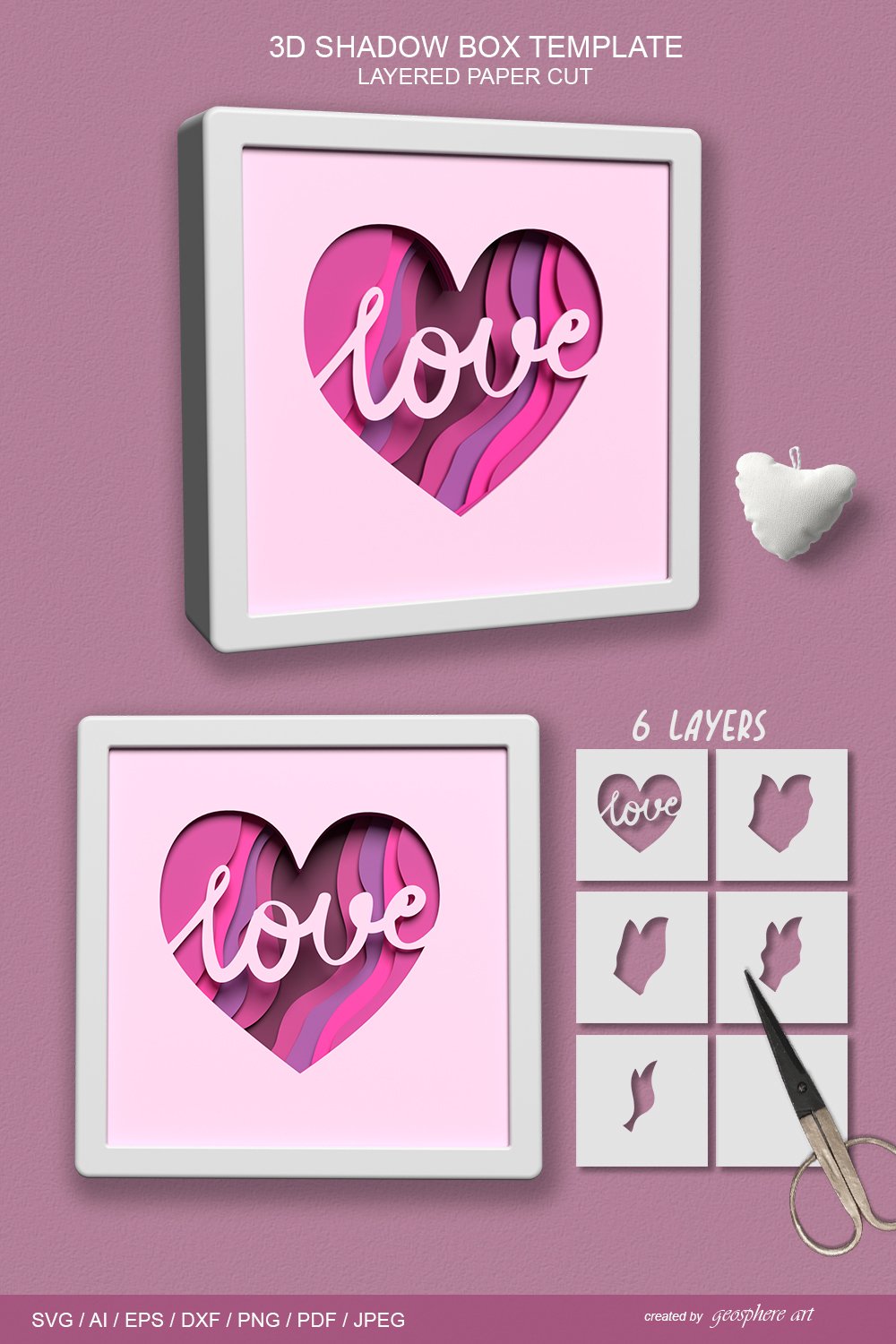 3D Love heart Layered papercut SVG Shadow box template / DXF