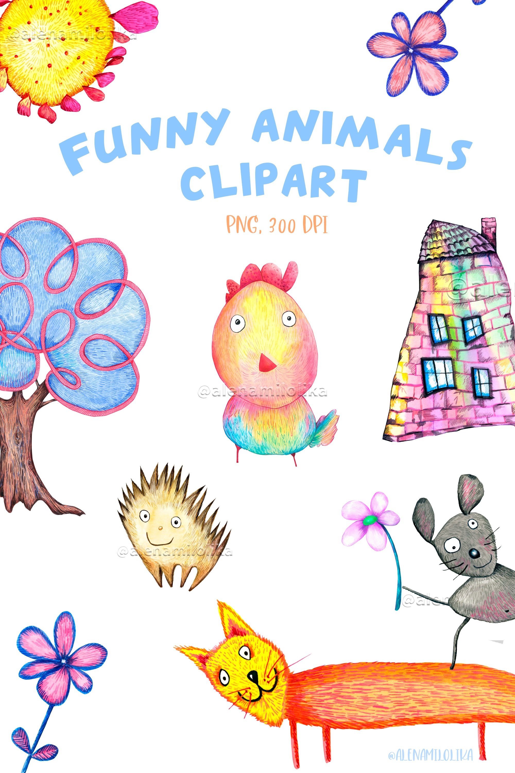 Watercolor cartoon clipart. Funny baby animals.