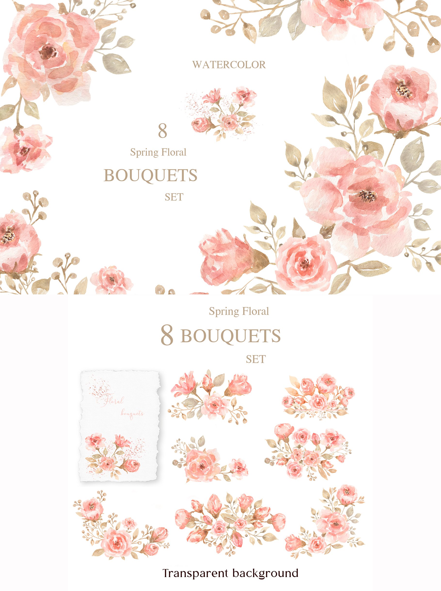 Watercolor Pink flowers bouquet set Bundle