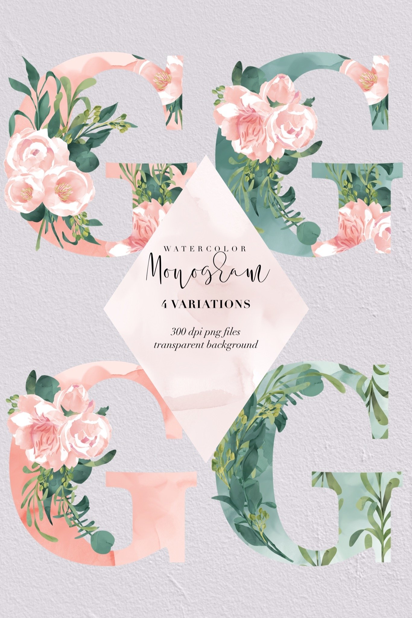 Letter G watercolor monogram, floral monogram PNG, flowers