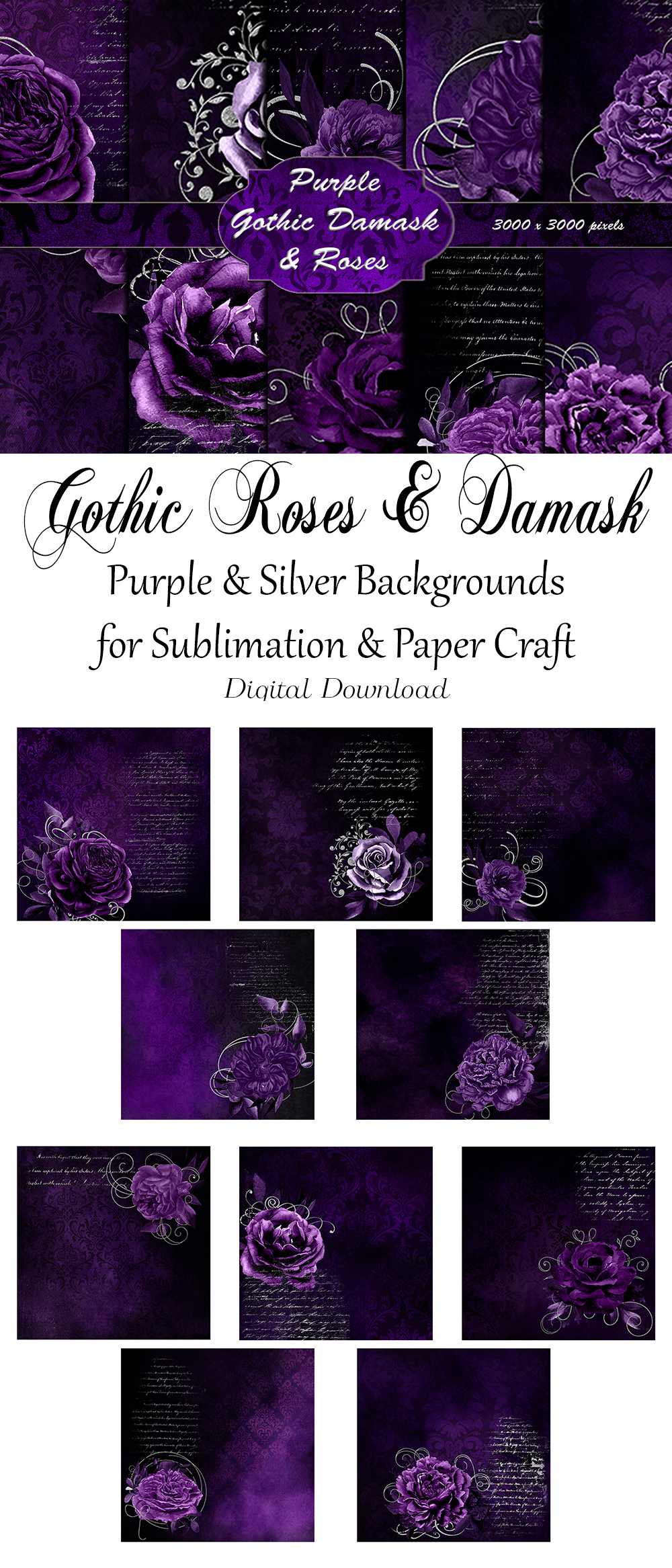 Purple Gothic Damask & Roses Backgrounds