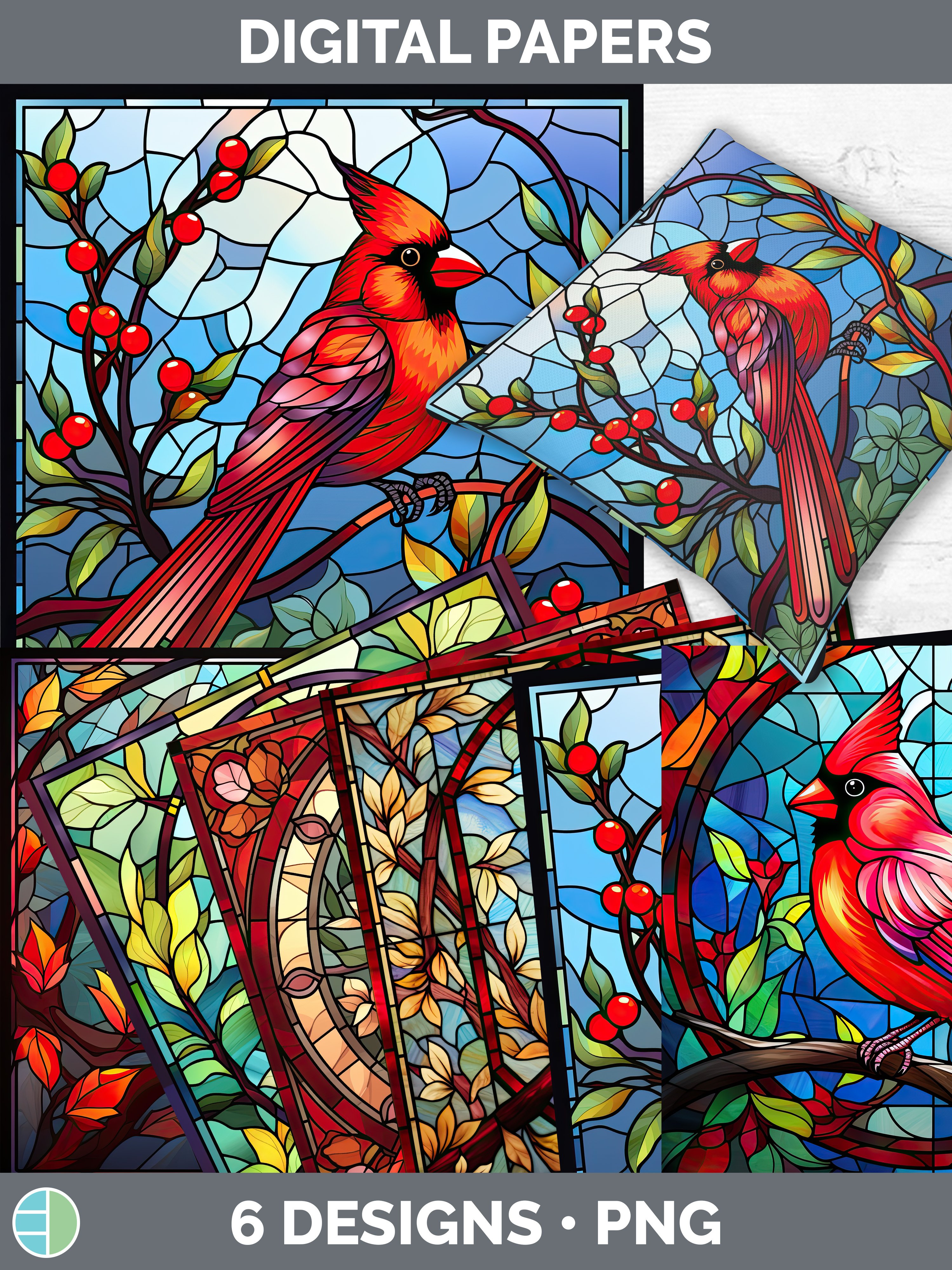 Stained Glass Cardinal Bird Paper Backgrounds | Digital Scra
