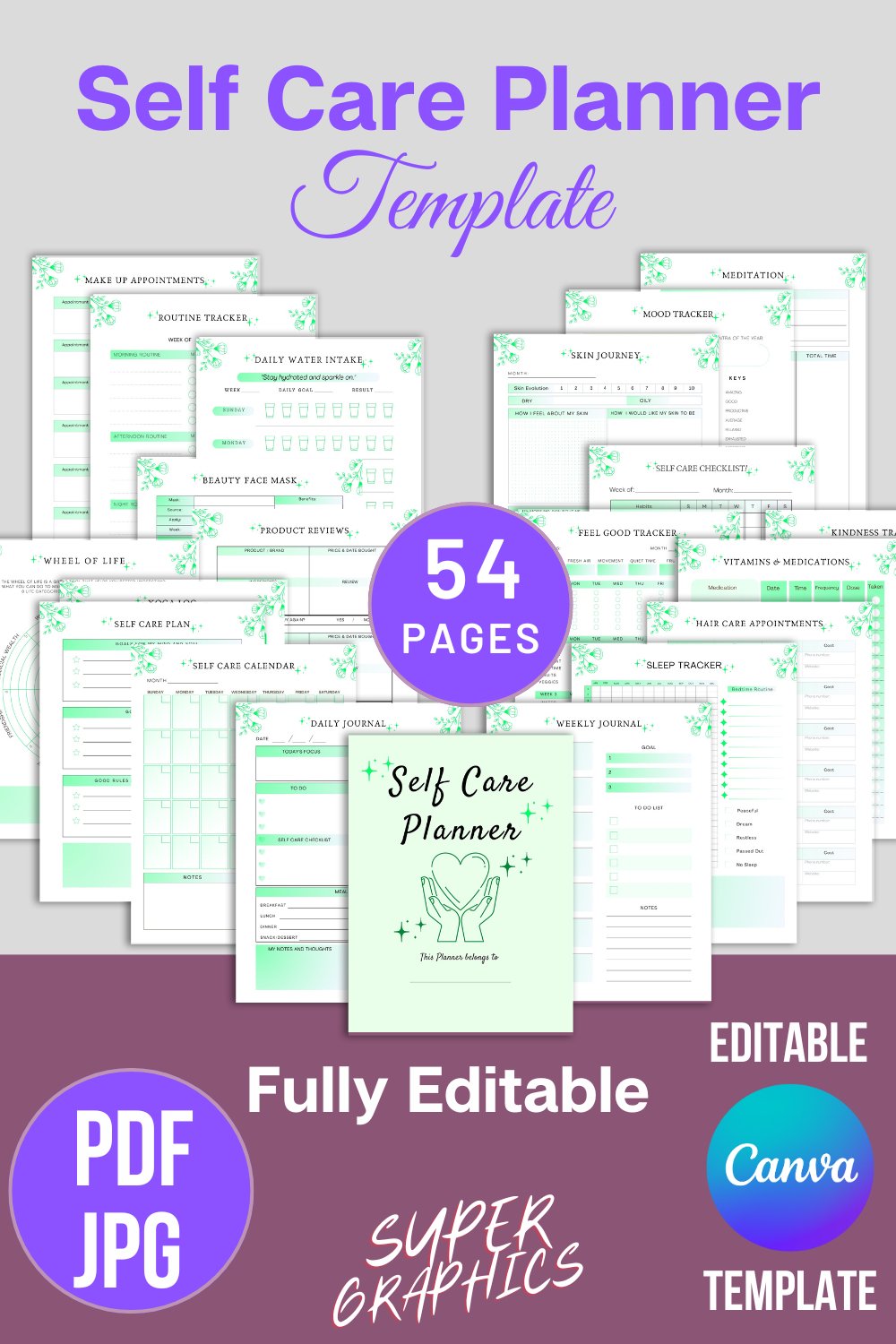 Editable Self Care Planner Canva Template | Wellness Planner