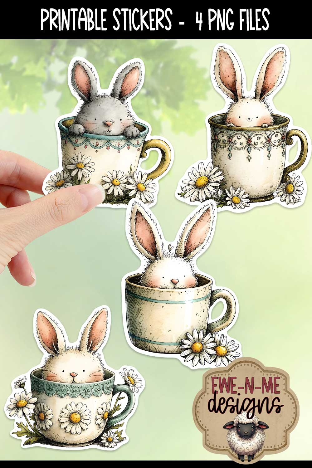 Bunnies In Cups Easter Spring Stickers | 4 PNG Stickers