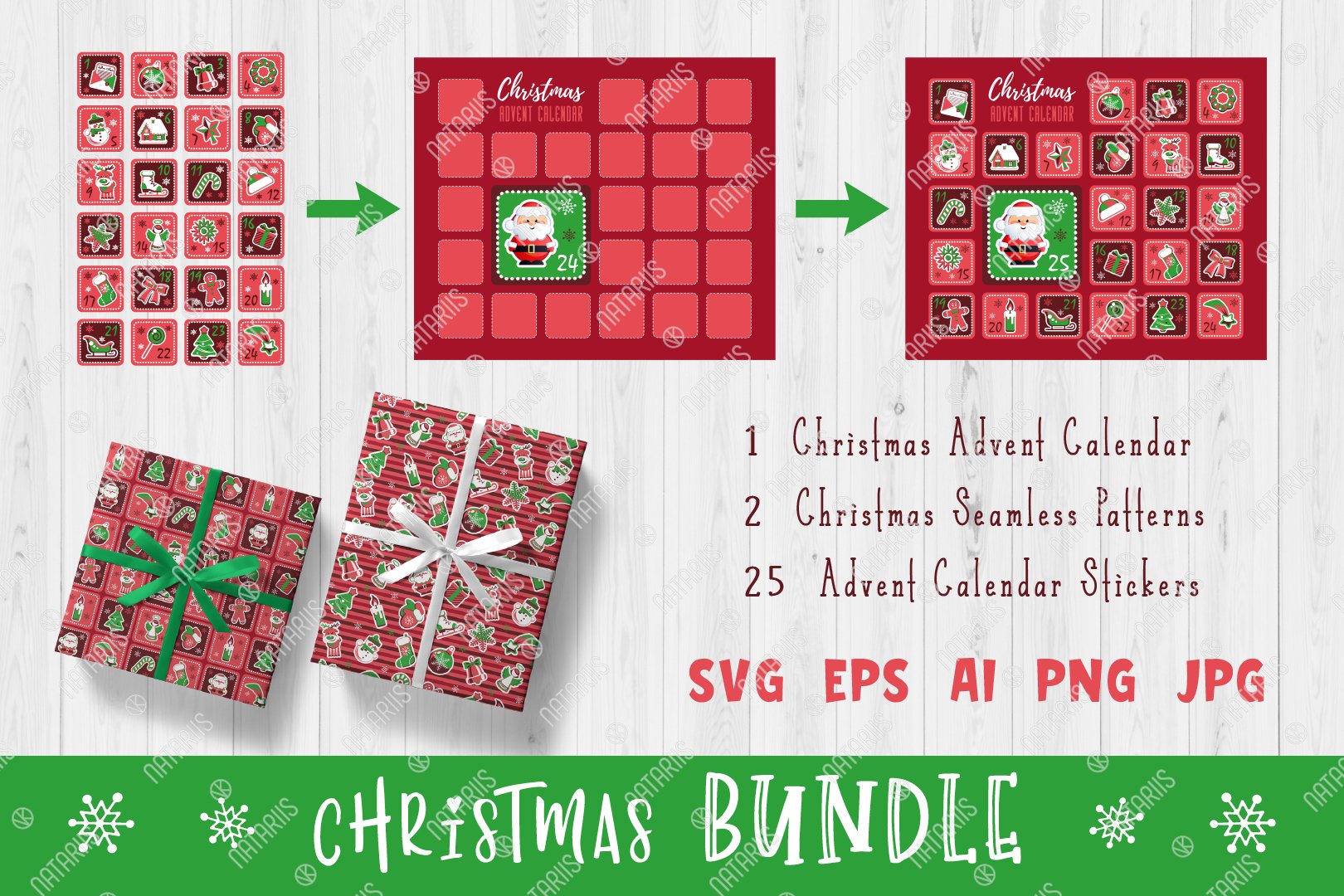 Red Christmas Set with Advent Calendar and Seamless patterns