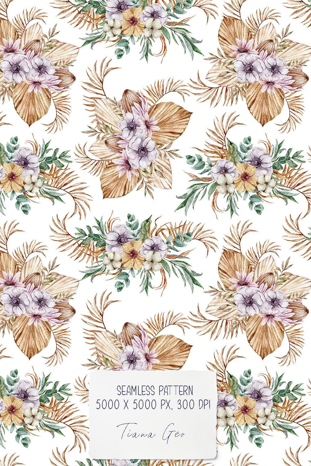 Watercolor boho floral seamless patterns / digital paper