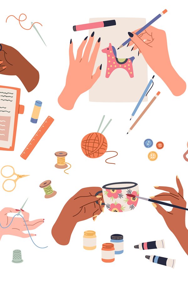 Needlework embroidery. Human hands create handmade crafts, a