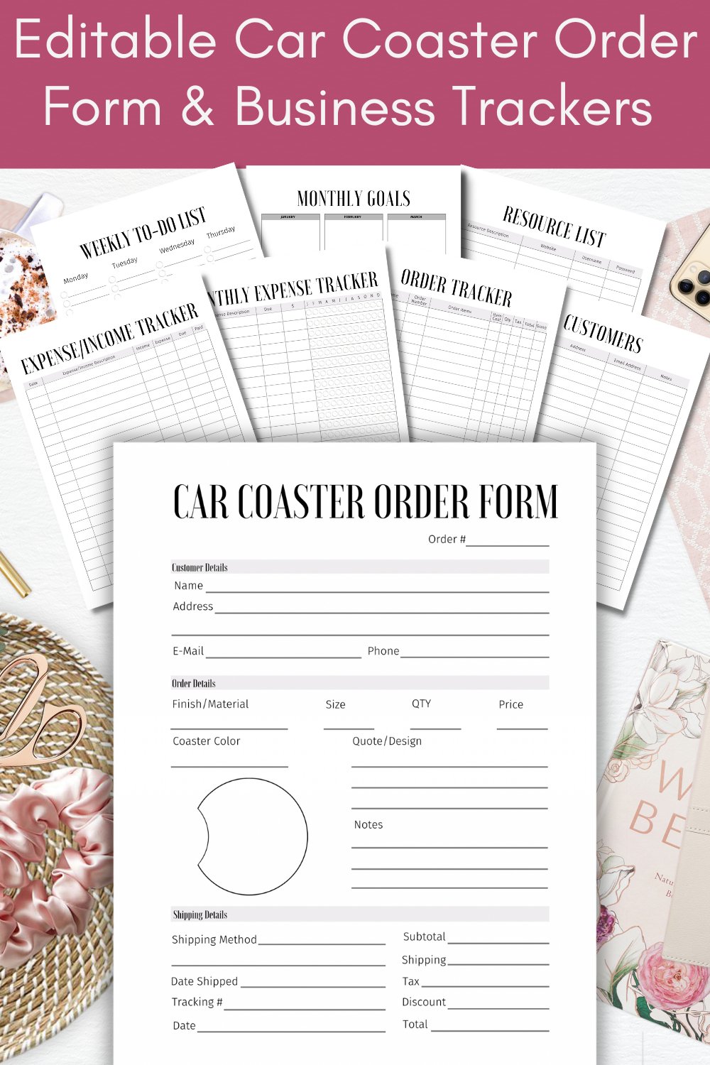 Custom Car Coaster Order Form and Trackers Canva Template