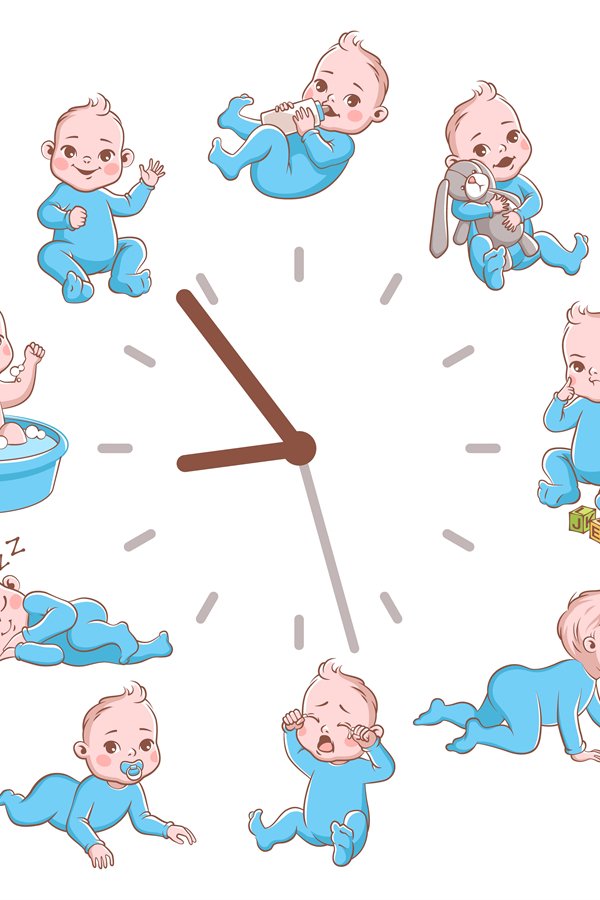 Daily kids routine clocks. Newborn children schedule concept