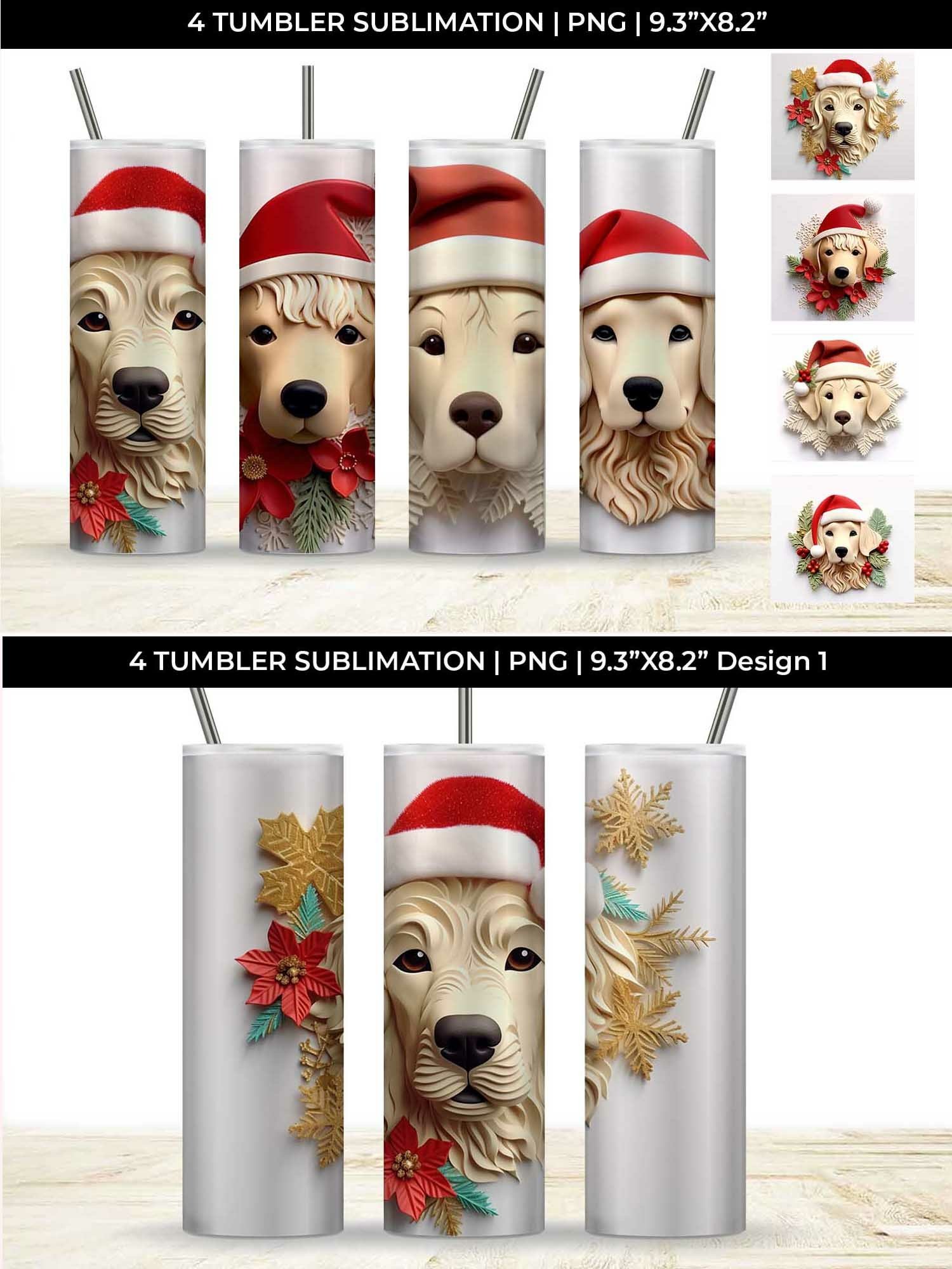 3D Christmas Golden Retriever Dog Tumbler Wrap 20 oz PNG