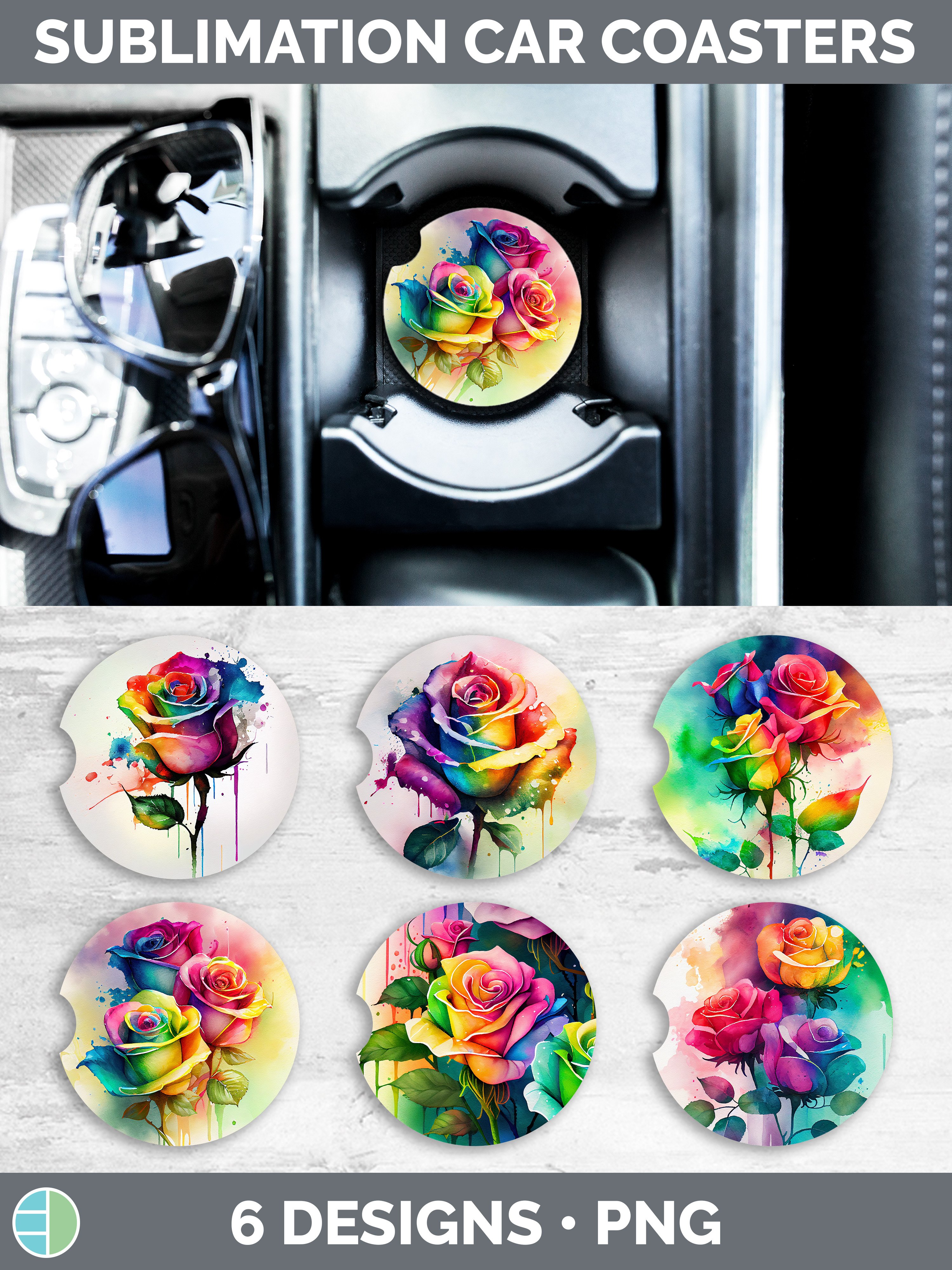 Rainbow Roses Car Coaster | Sublimation Designs Bundle