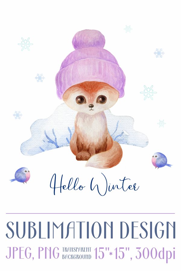 Hello Winter. Watercolor design with baby fox