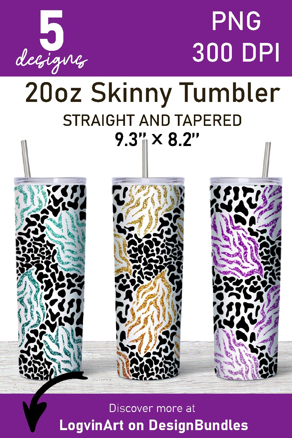 20 oz skinny Tumbler Sublimation Design | Glitter tiger