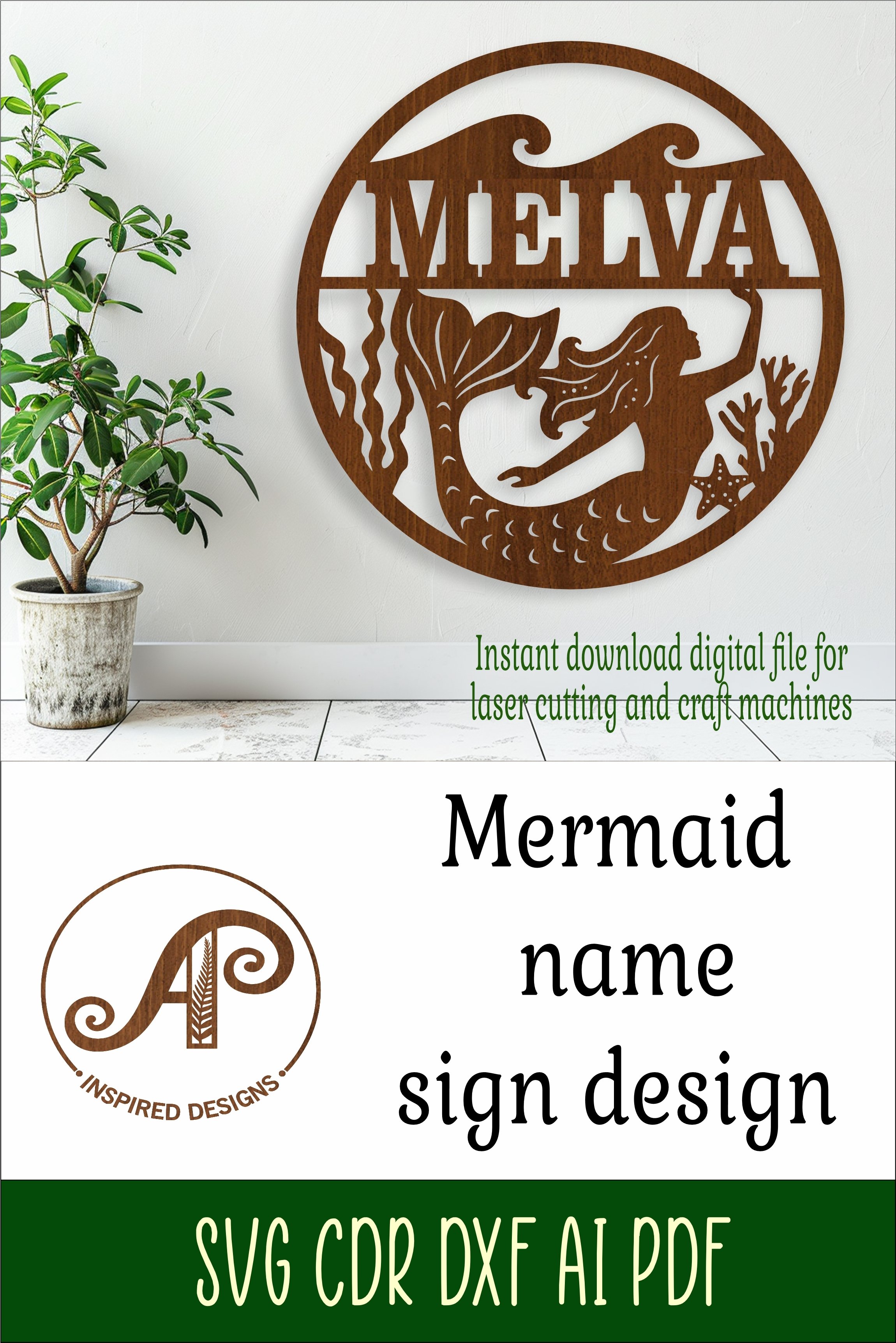 Mermaid name sign svg laser cut template (5002017)
