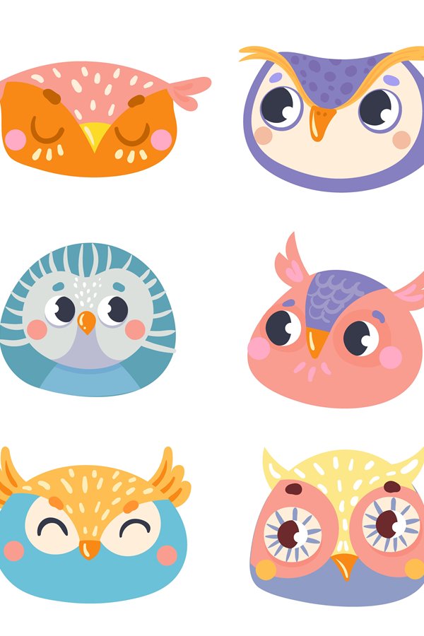 Cute owl faces. Set of face owl fun, drawing childish