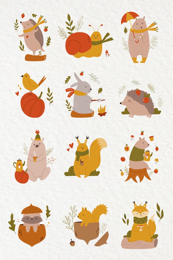 Cute forest animals. Seamless patterns, tags, posters