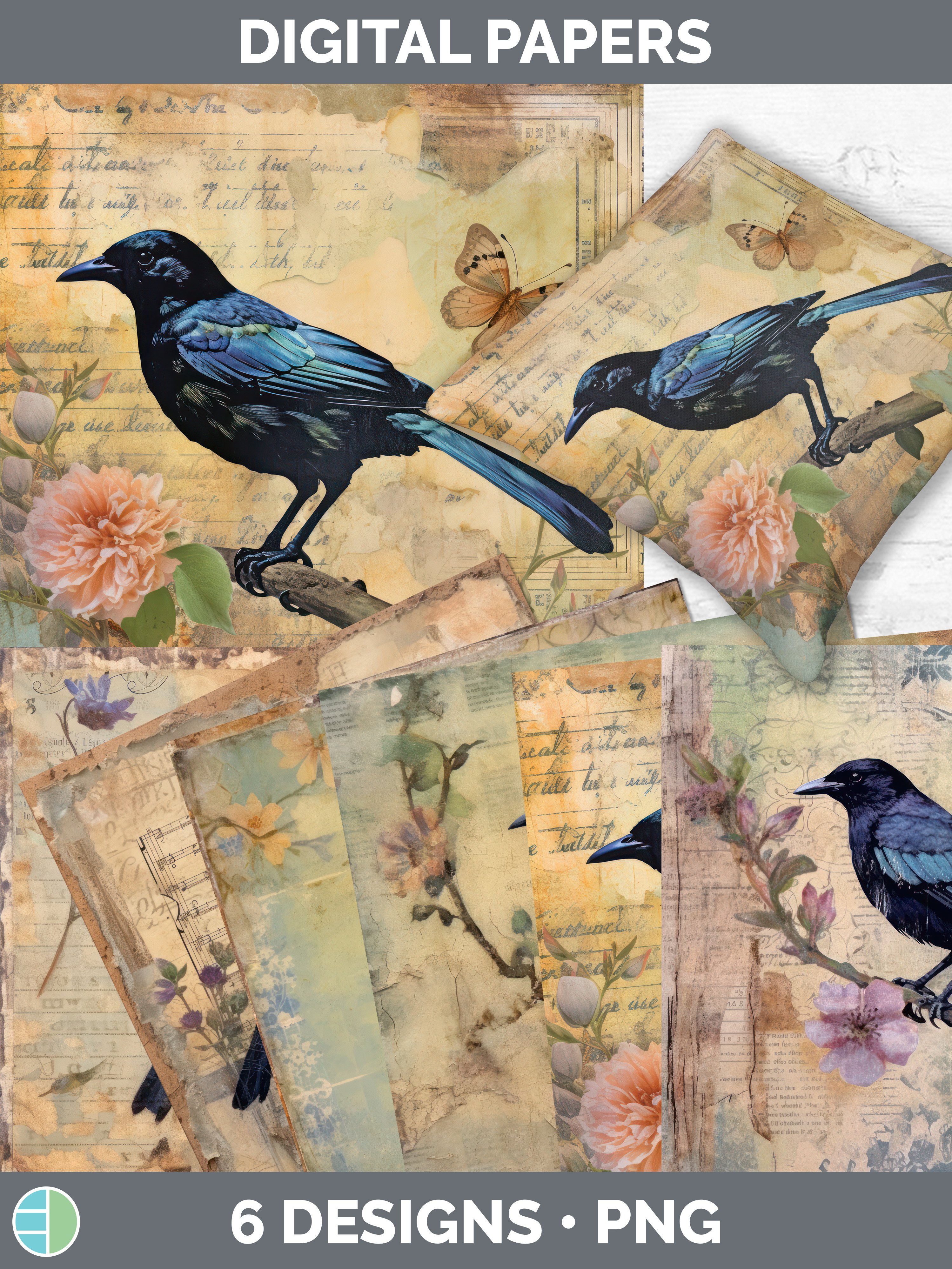 Vintage Grackle Bird Paper Backgrounds | Digital Scrapbook P