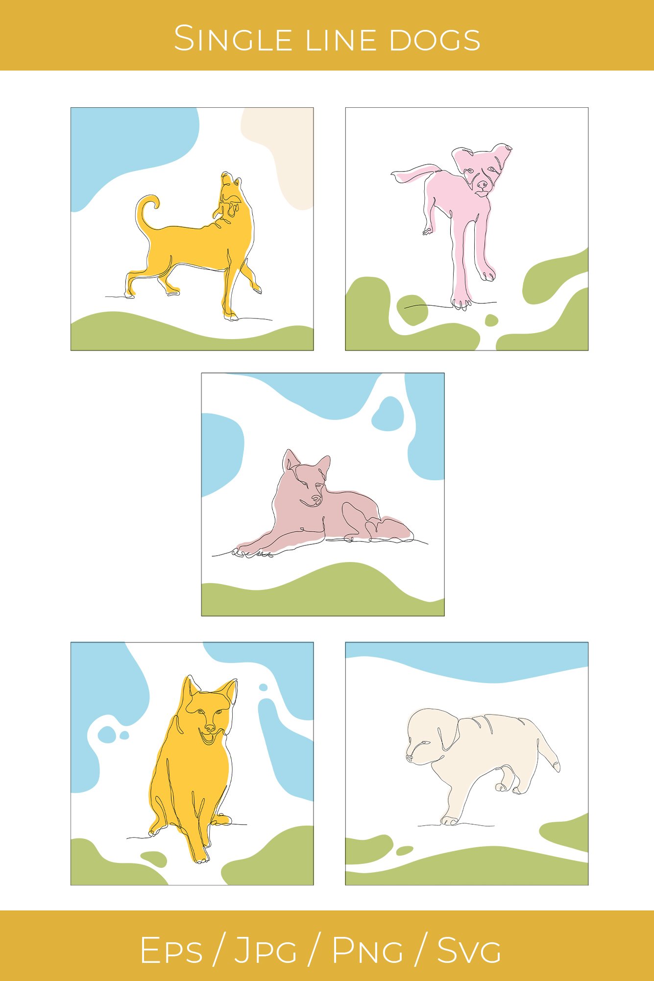 Set single line hand-drawn dogs svg