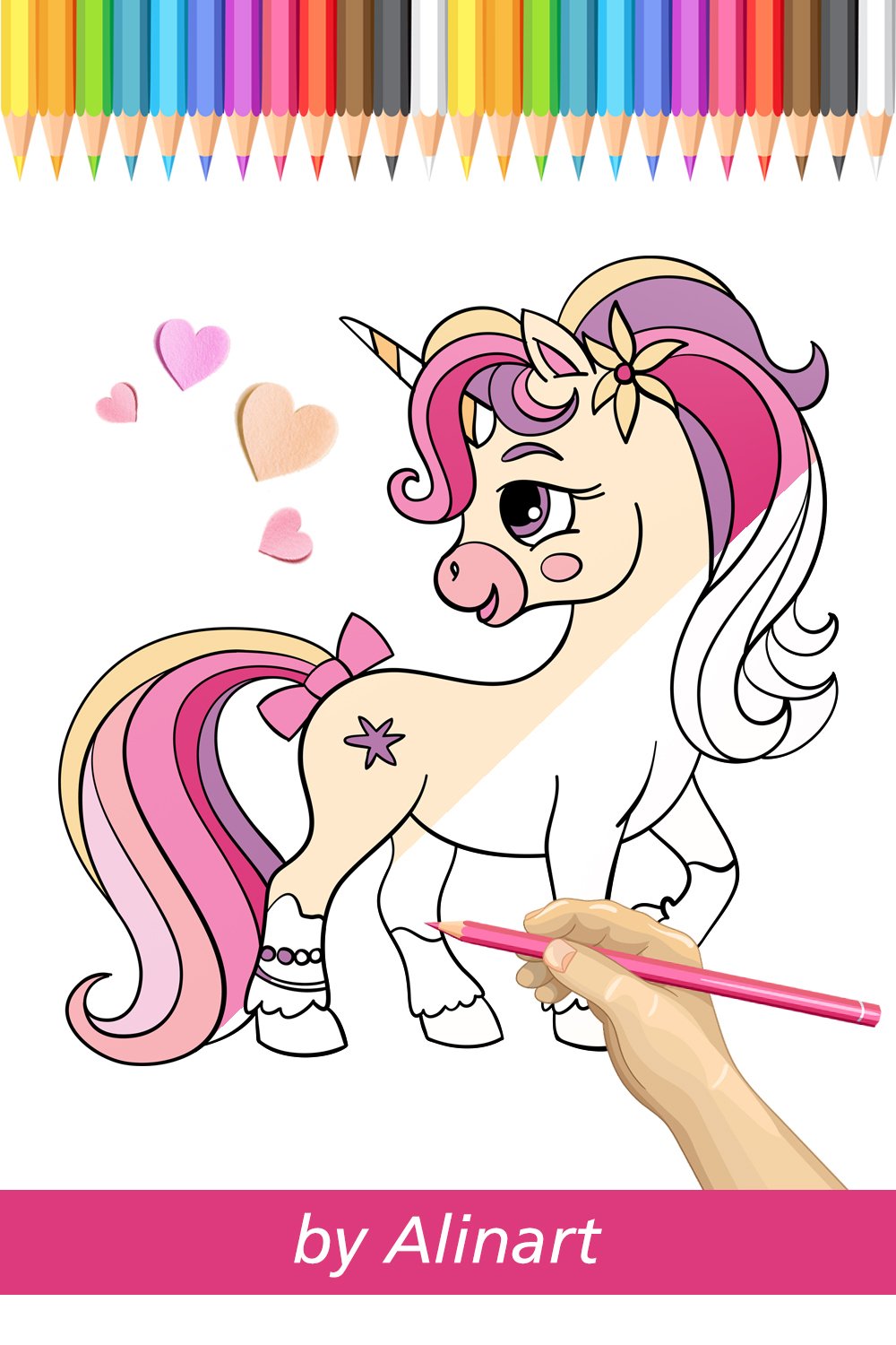 Pink Rose unicorn coloring for kids