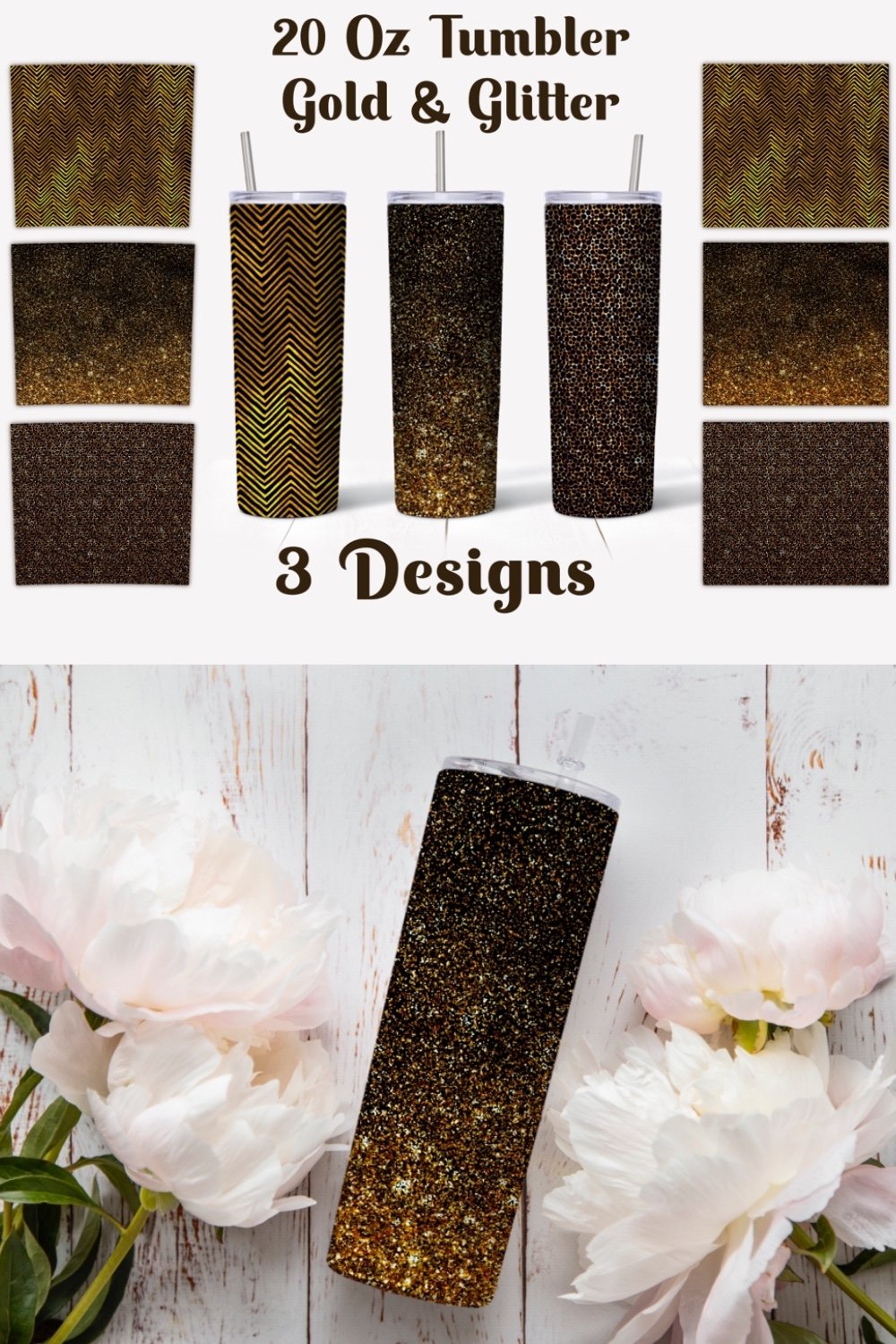 20 oz Tumbler Gold and Glitter Sublimation Design PNG