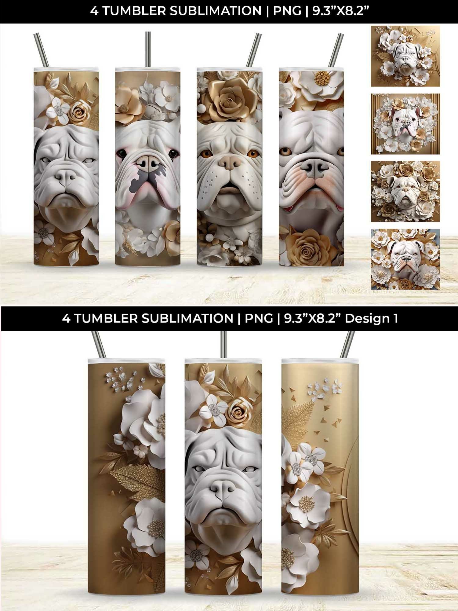 3D white Floral Bulldog Dog Tumbler Wrap 20 oz Sublimation