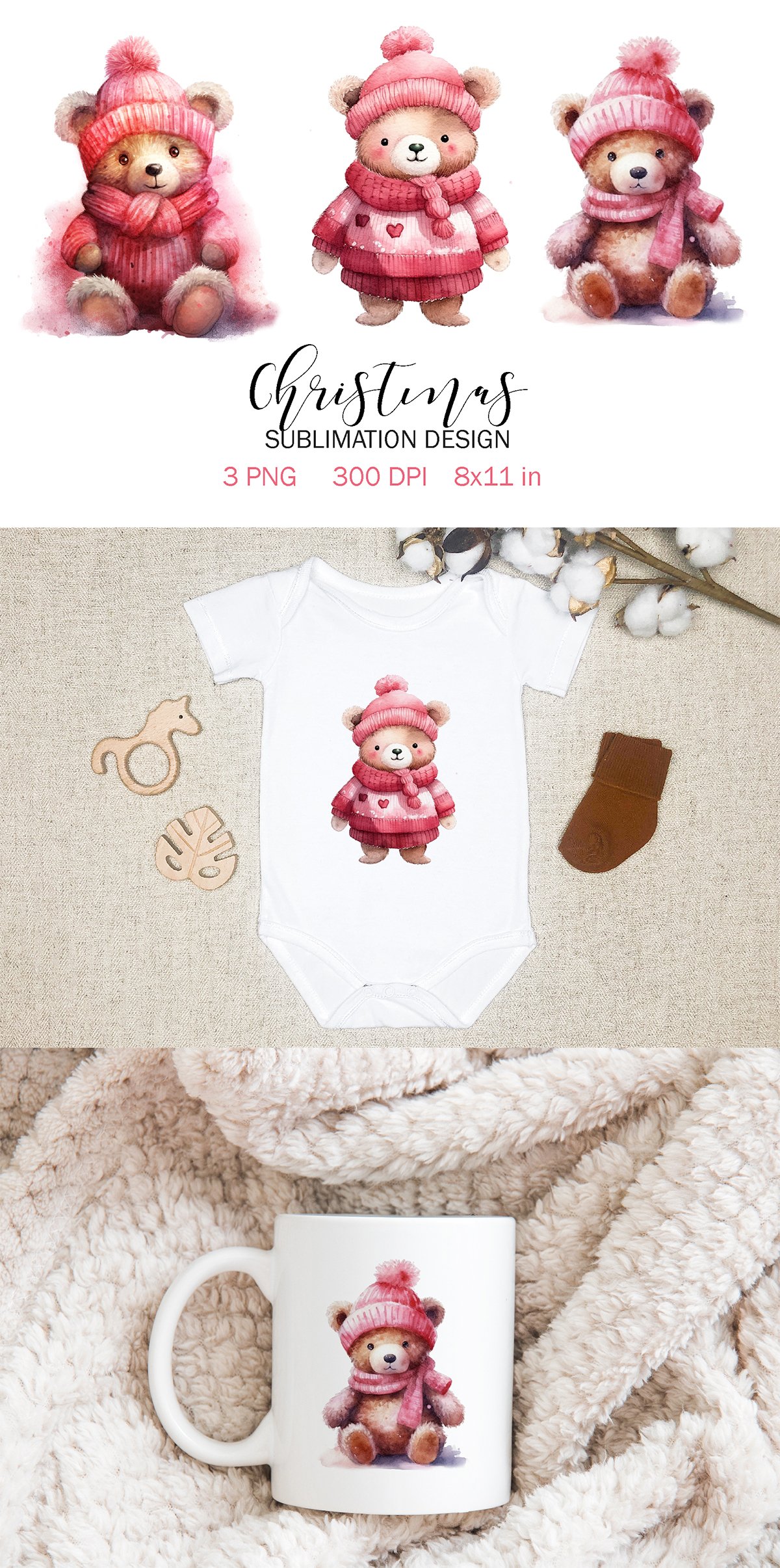 Christmas Sublimation Design PNG - Watercolor Bear (2886622)