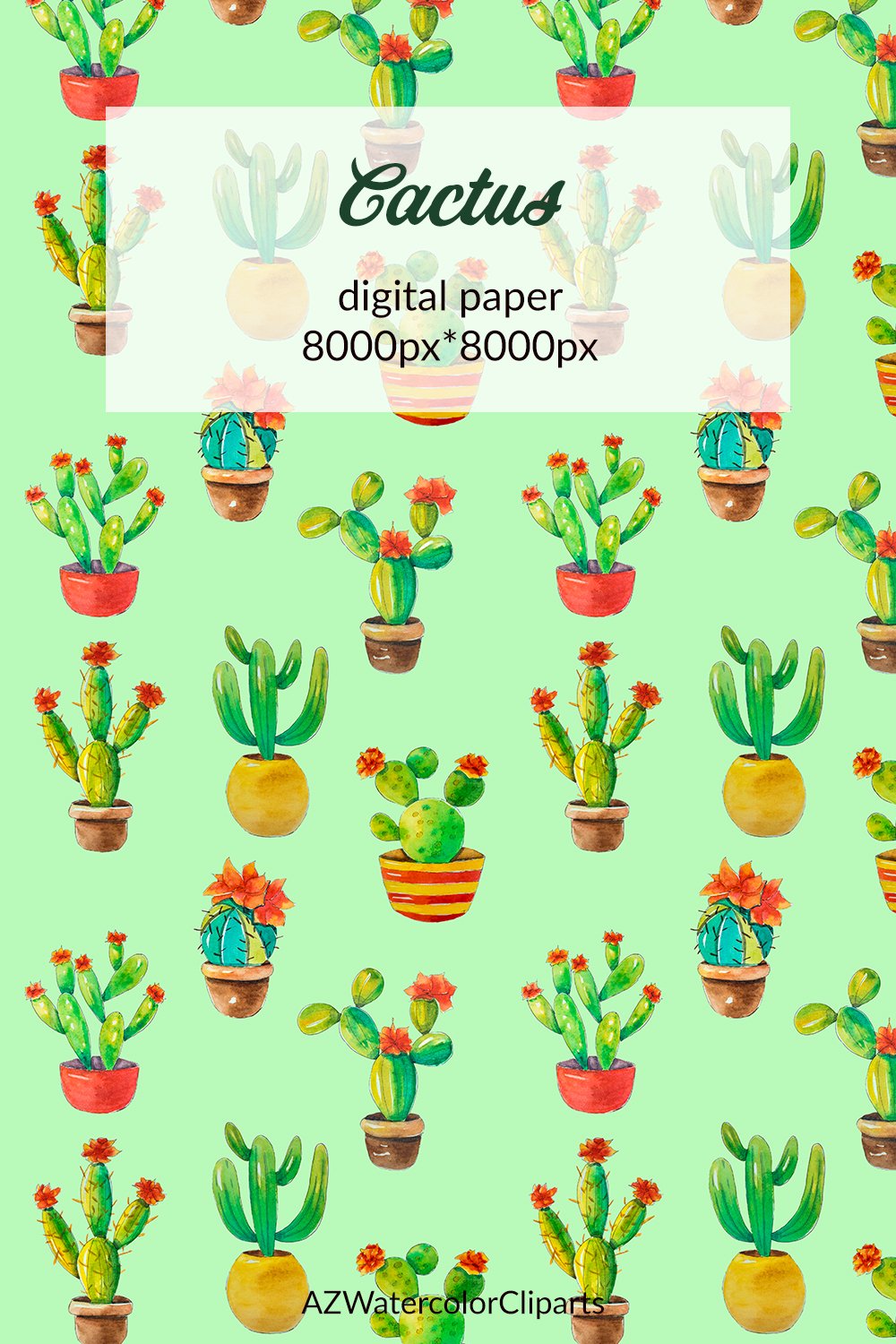 Watercolor cactus digital paper succulents seamless pattern