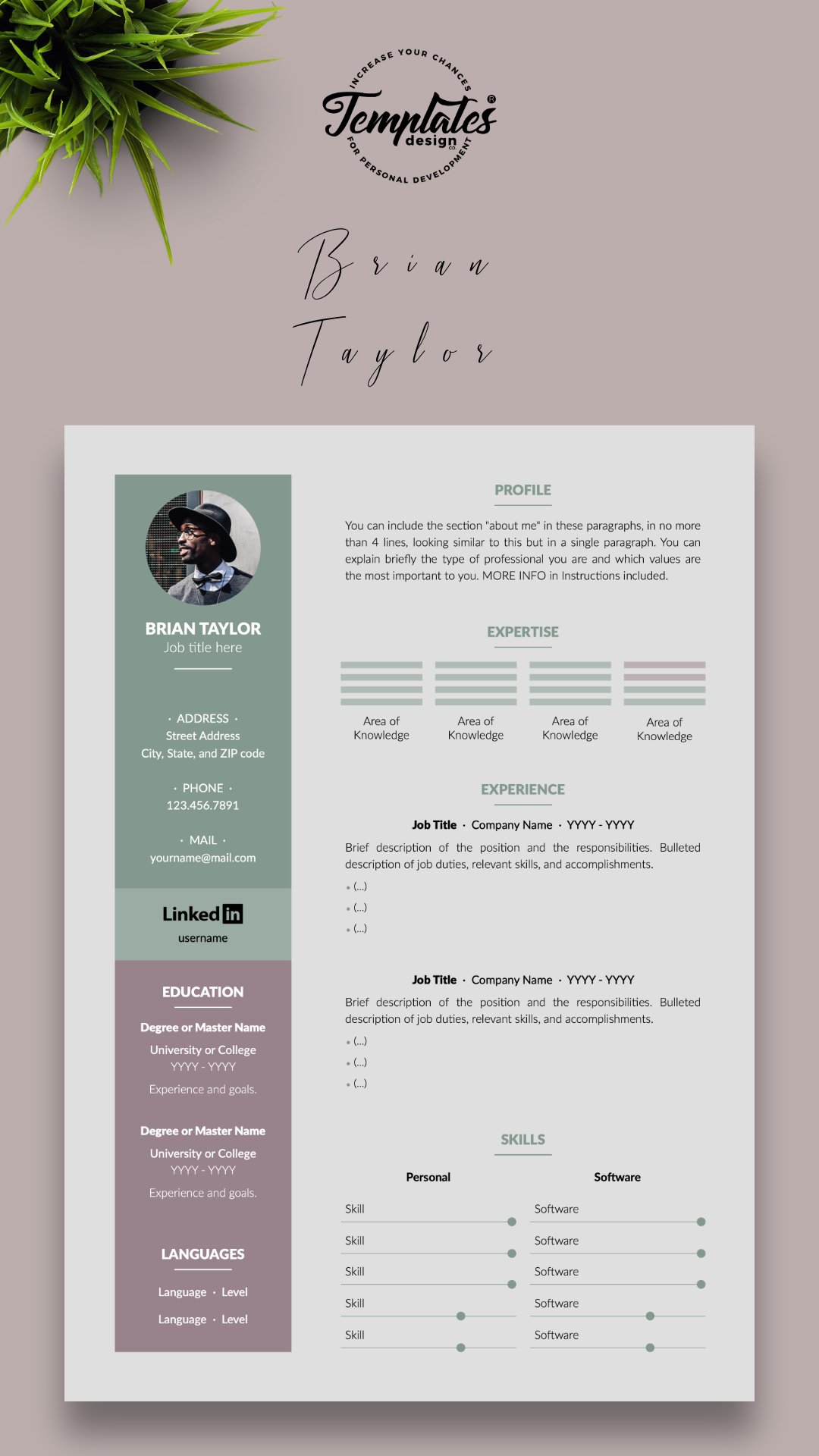 Modern Resume CV Template for Word & Pages Brian Taylor