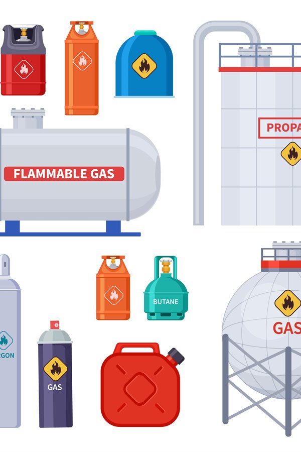Gas storage. Oxygen, oil cylinders tank and containers. Home
