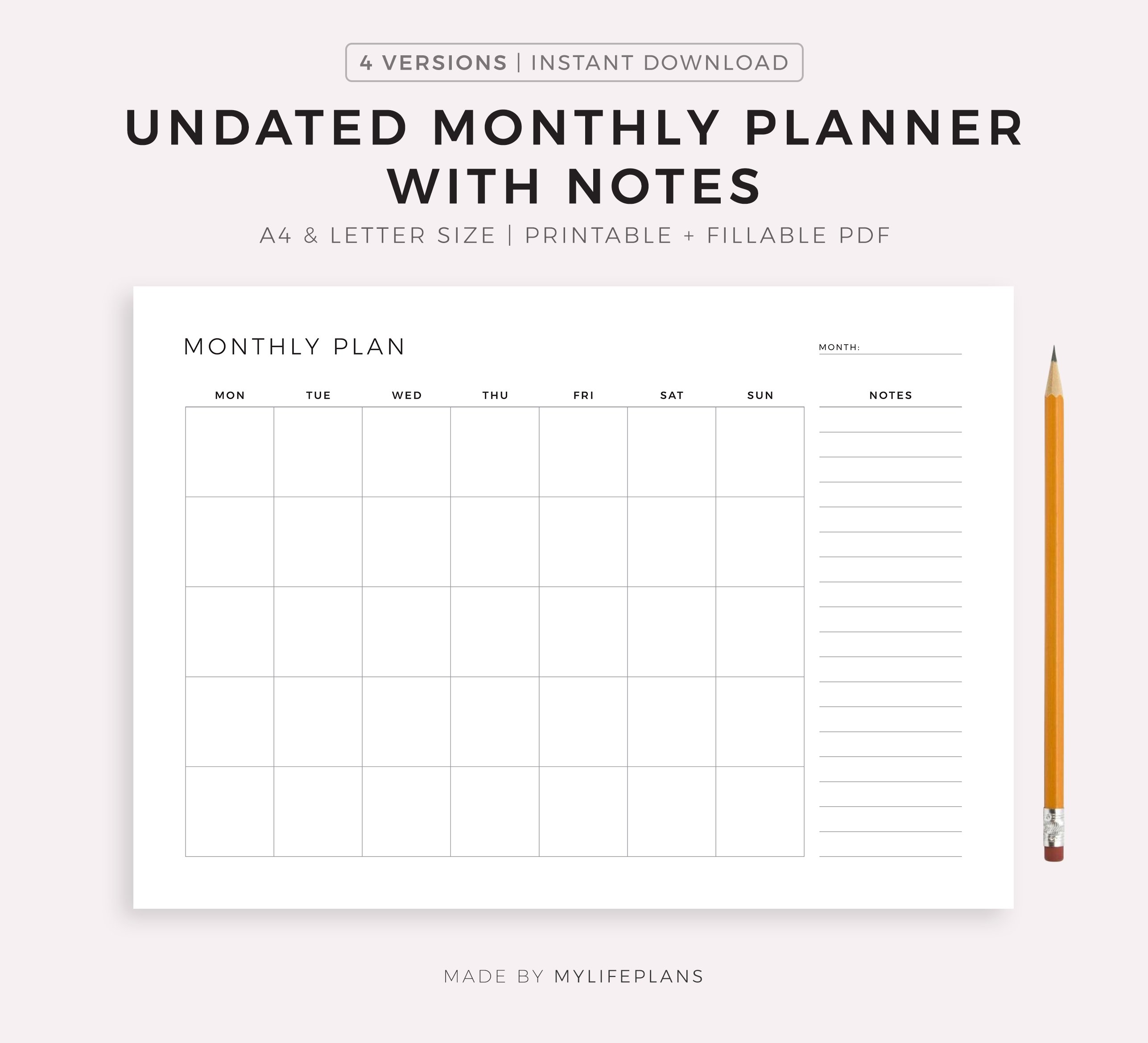 Undated Monthly Planner with Notes, Monthly Organizer