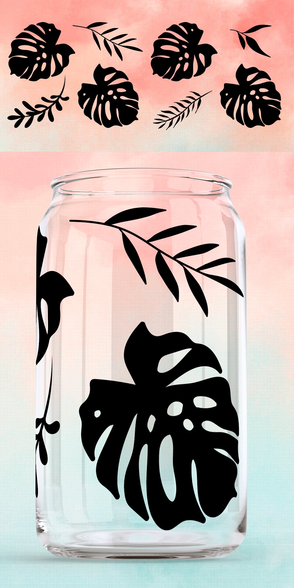 Monstera 16oz glass can wrap svg Libbey Full wrap can glass.