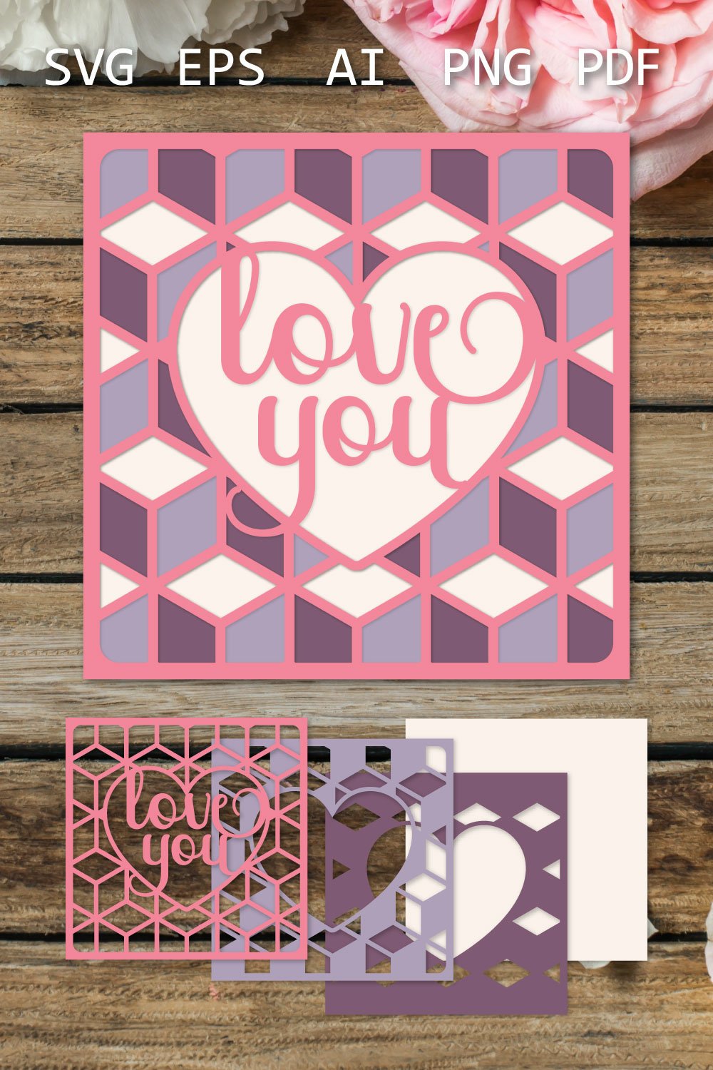Love You Layered papercut card template, 3D card SVG, Love