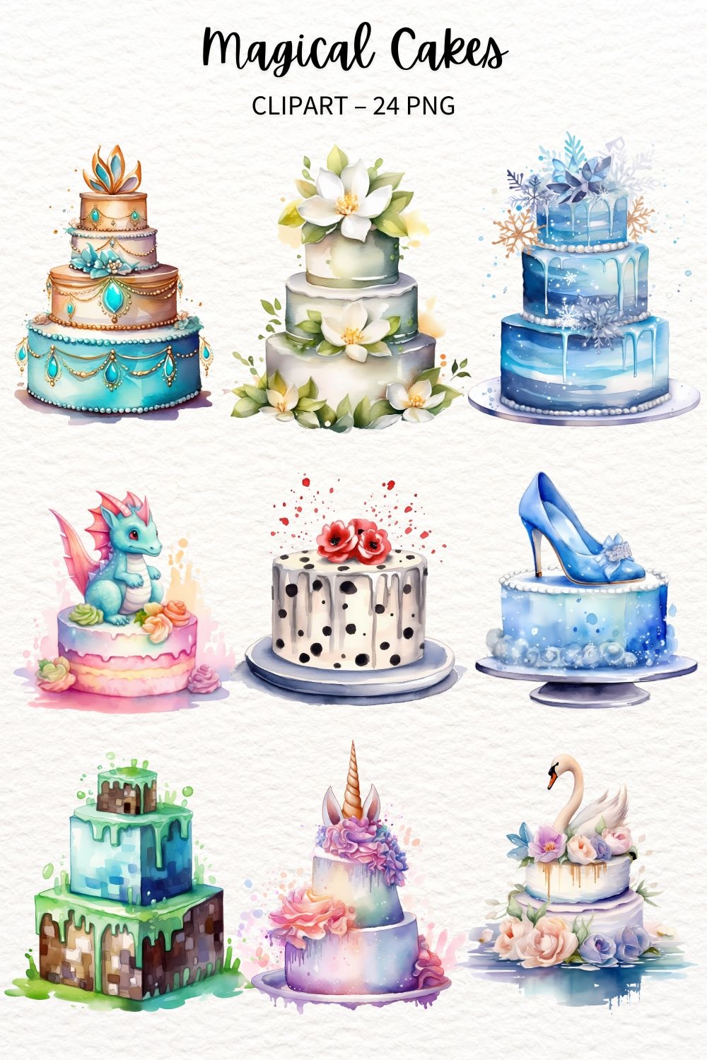 Magical Cakes Clipart Watercolor Fantasy Fairytale Bakery