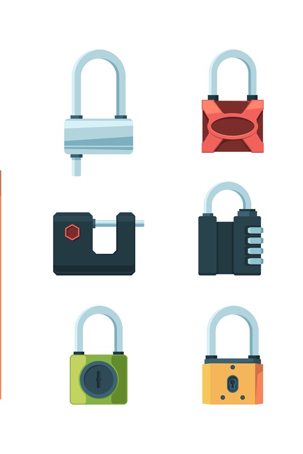 Lock set. Padlock key prison secret code door symbols vector
